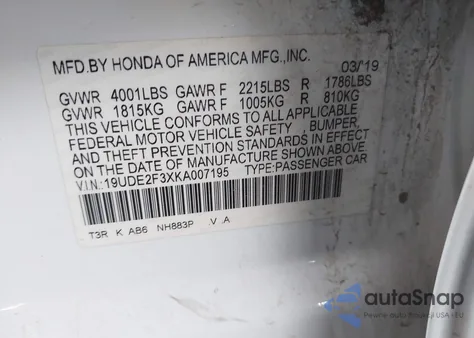 2019 Acura Ilx Standard из США, поврежденный, VIN 19UDE2F3XKA007195